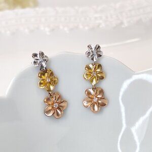 Sterling Plumeria Flower Drop Earrings Post CZ Silver Rose Gold Tone Hawaiian